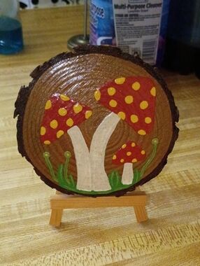 Hand-Painted Wooden Slice with Red & Yellow Mushroom Design
